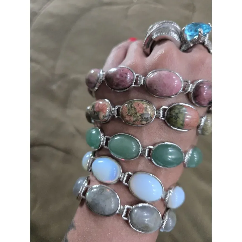 Lot 5 Boho gemstone Costume Stone beaded Bracelets Silvertone adjustable